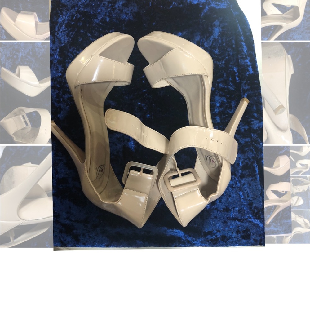 Beige ankle strap peep toe heels.